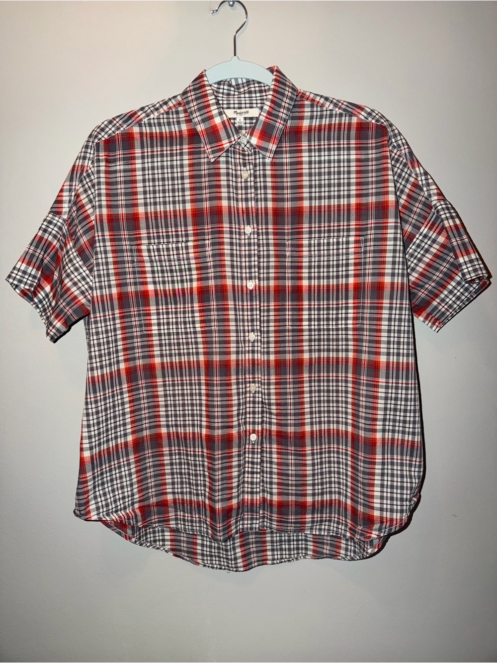 Madewell Women’s Plaid Short Sleeve Button Down Shirt Red White Grey Size Small